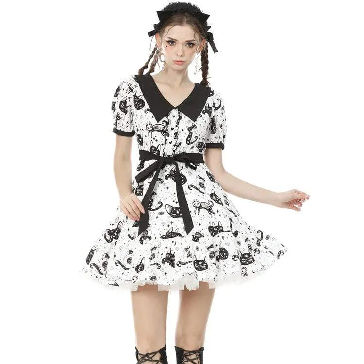 Women's Lolita Cat Printed Peter Pan Collar Short Dresses with Belt