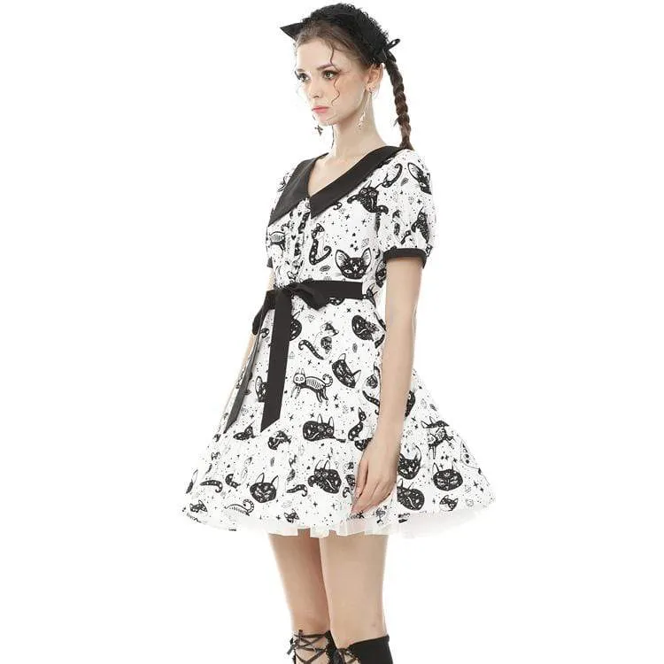 Women's Lolita Cat Printed Peter Pan Collar Short Dresses with Belt