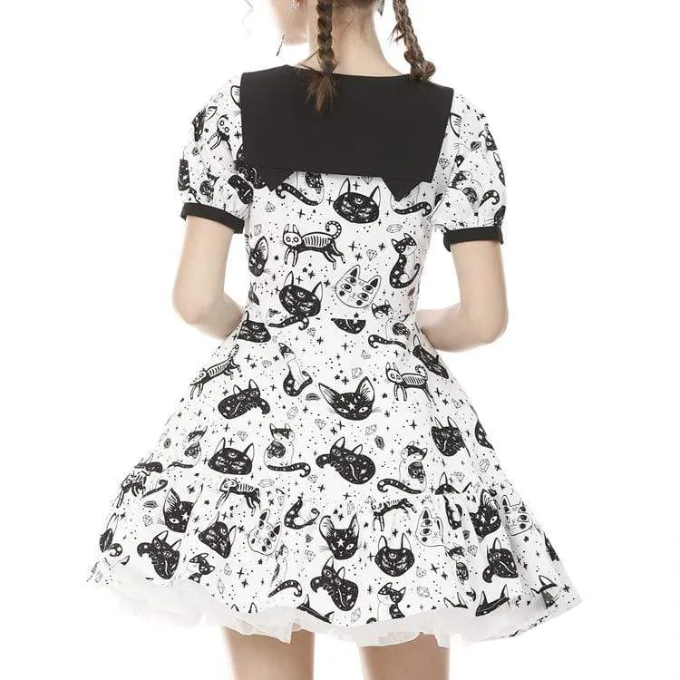 Women's Lolita Cat Printed Peter Pan Collar Short Dresses with Belt