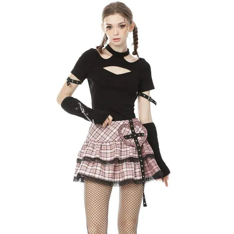 Women's Lolita Rock Heart Pink Plaid Mini Skirts with Lace Hem