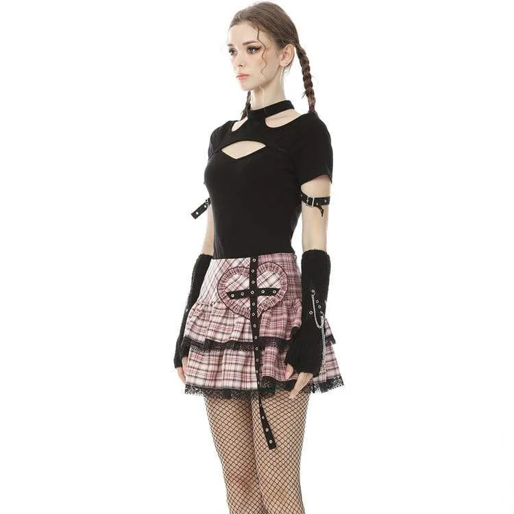 Women's Lolita Rock Heart Pink Plaid Mini Skirts with Lace Hem