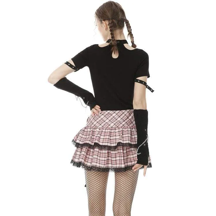 Women's Lolita Rock Heart Pink Plaid Mini Skirts with Lace Hem