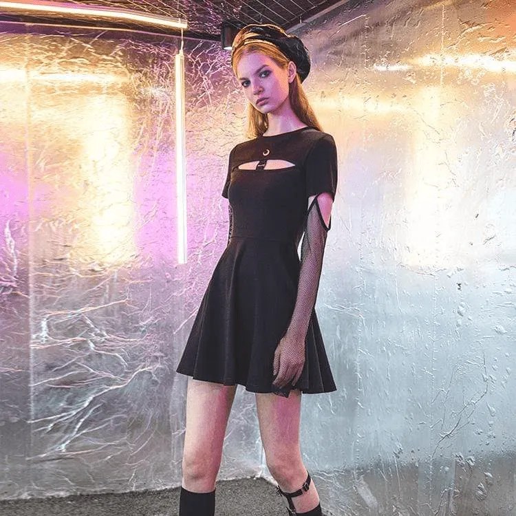 Women's Punk Moon Printed A-line Dresses With Detachable Mesh Gloves