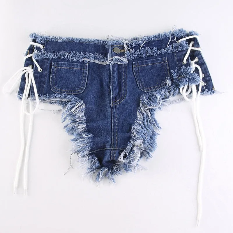 Women's Sexy Denim Low Waist Hollow Out Bandage Polo Dance Shorts