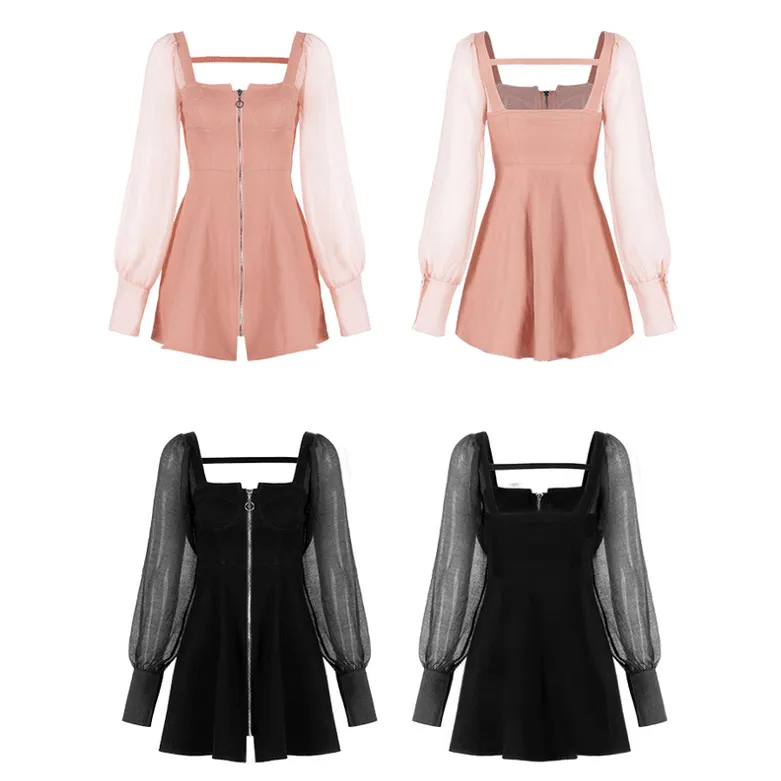 Women's Square Collar Sheer Puff Sleeved Backless Zipper Cross Dresses