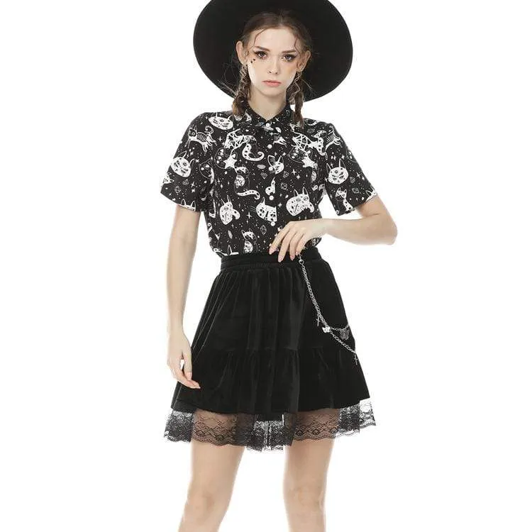 Women's Vintage Gothic Ruffles Velet Mini Skirts with Lace Hem